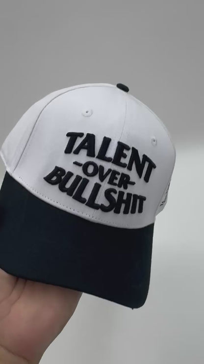 “Talent Over Bullshit” Dad Hat – White/Black by KRWN