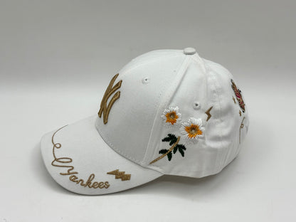 NY Floral Embroidered Cap – White / Gold